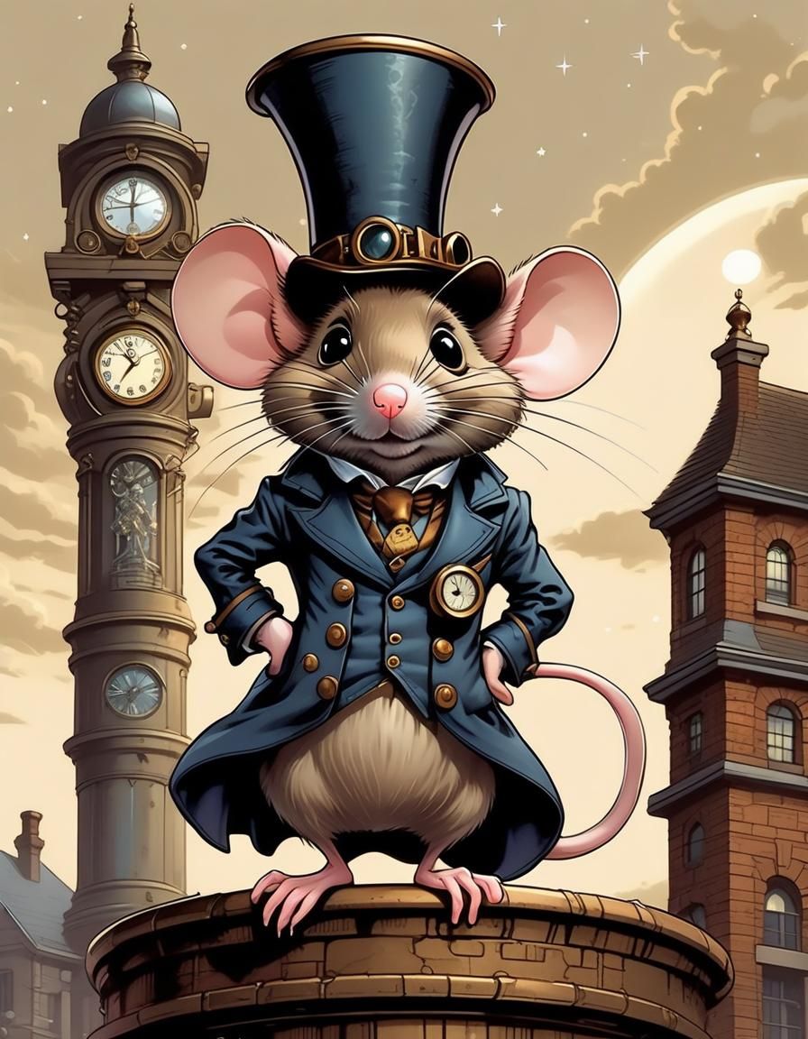 Mouse Detective on Clocktower in Steampunk Comic Art