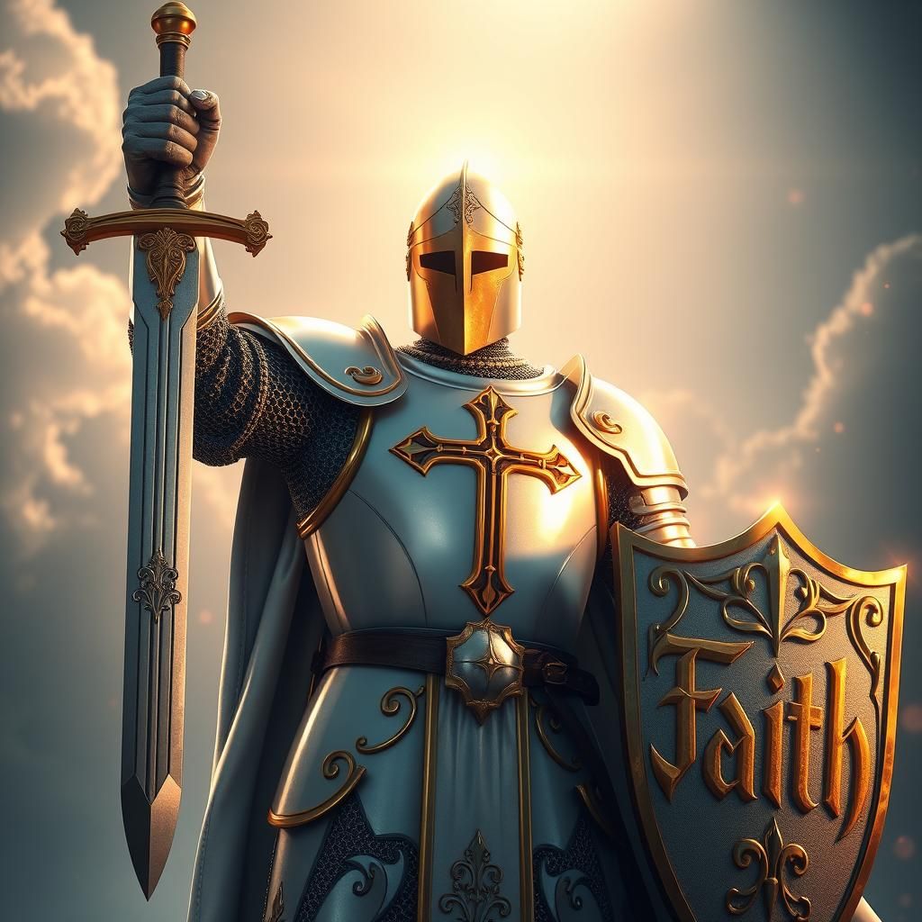Heroic Knight in White Armor with Sword and Shield
