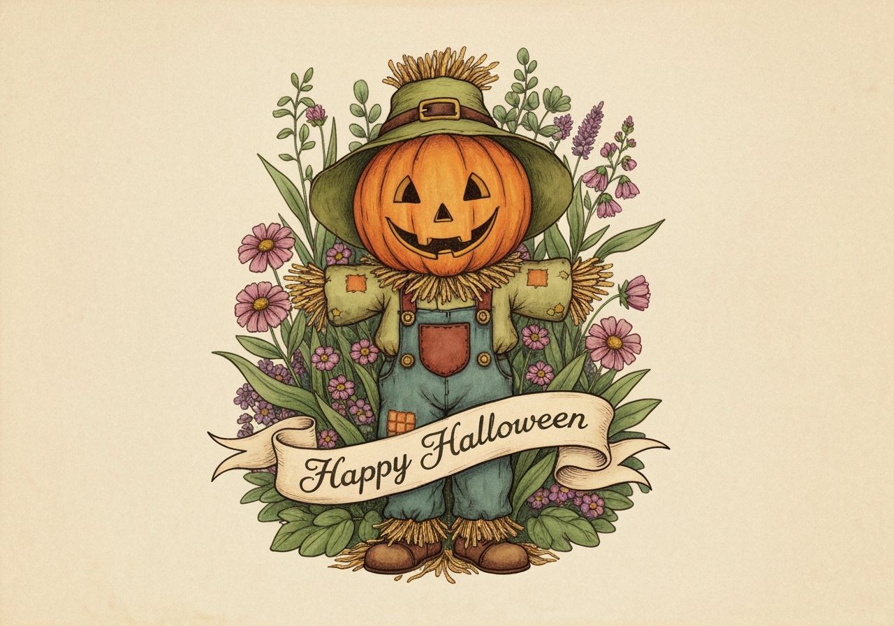 Whimsical Jack-o'-lantern in Scarecrow Attire with Halloween...
