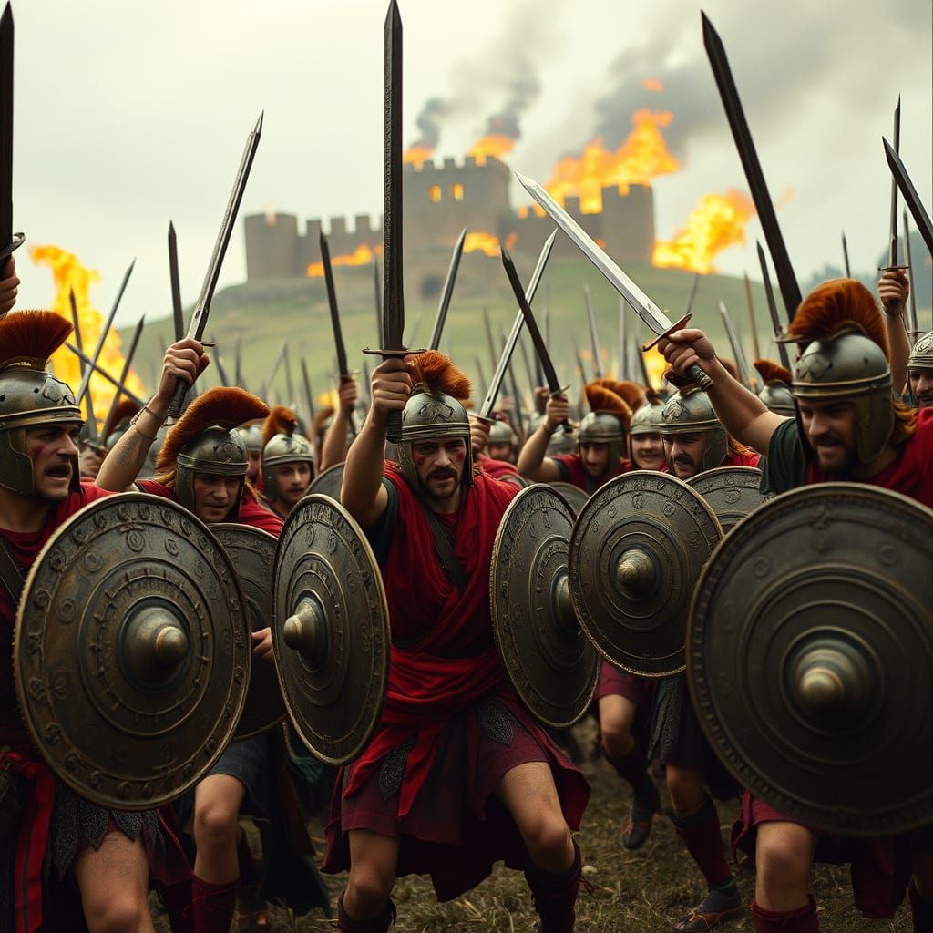 Celtic Warriors Charge Roman Legionaries at Burning Hillfort