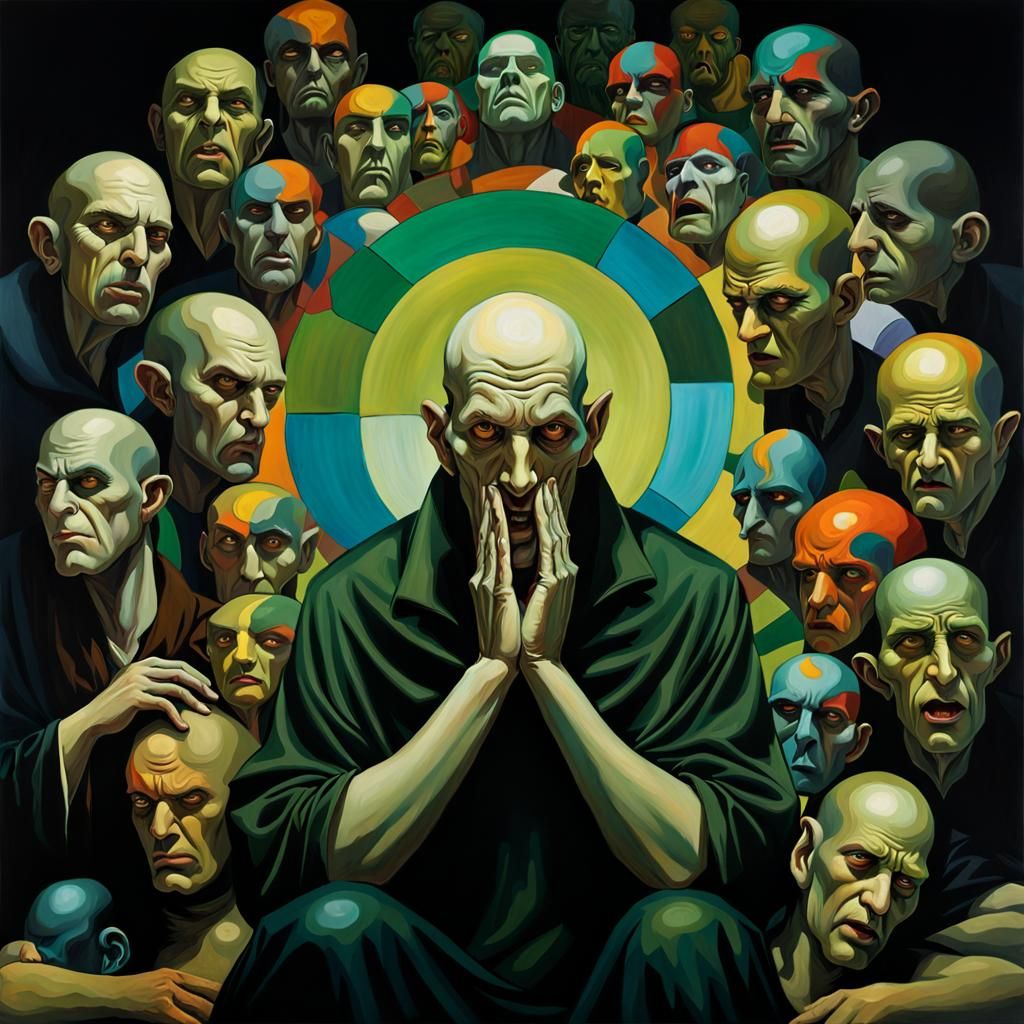 Distressed Man Surrounded by Taunting Heads