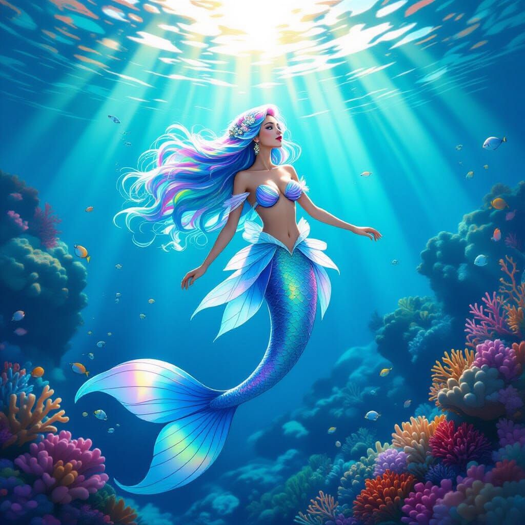 Mermaid Swimming Through Coral Reef in Art Nouveau Style