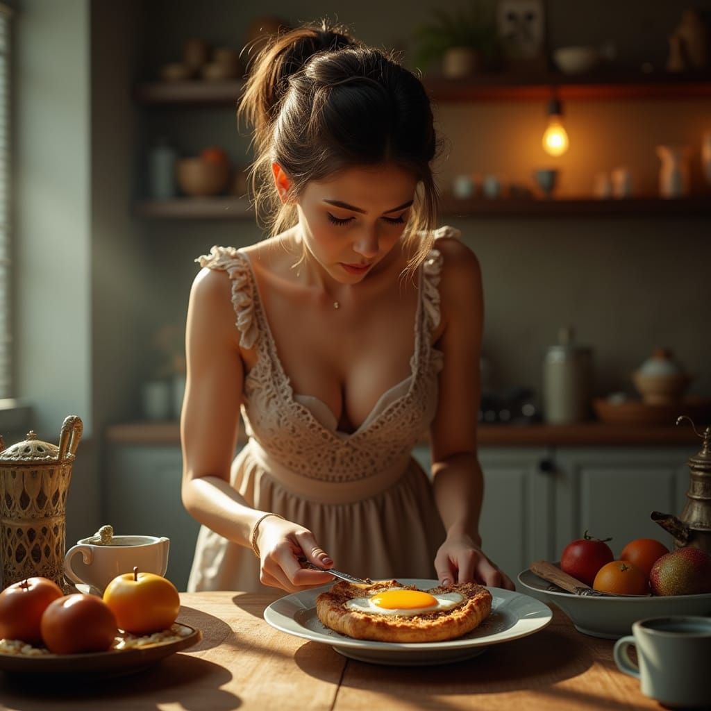 Hyperrealistic Portrait of Woman Preparing Breakfast