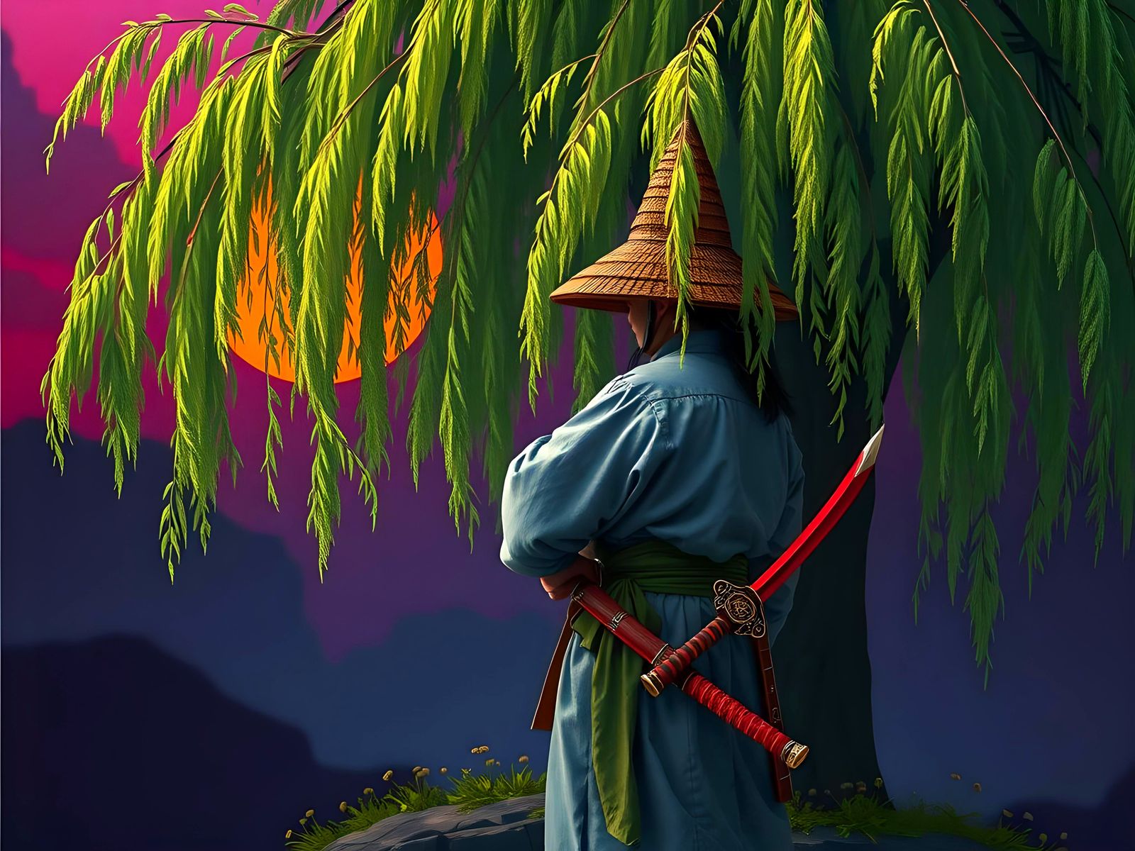 Samurai in Straw Hat at Sunset: Dark Fantasy Art