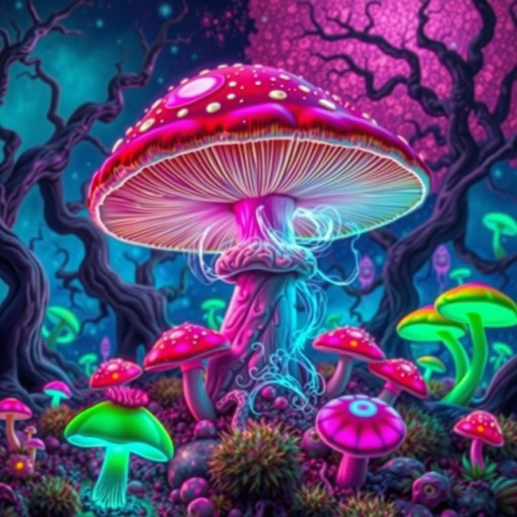 Surreal, Vibrant Mushroom Landscape with Iridescent Spores a...