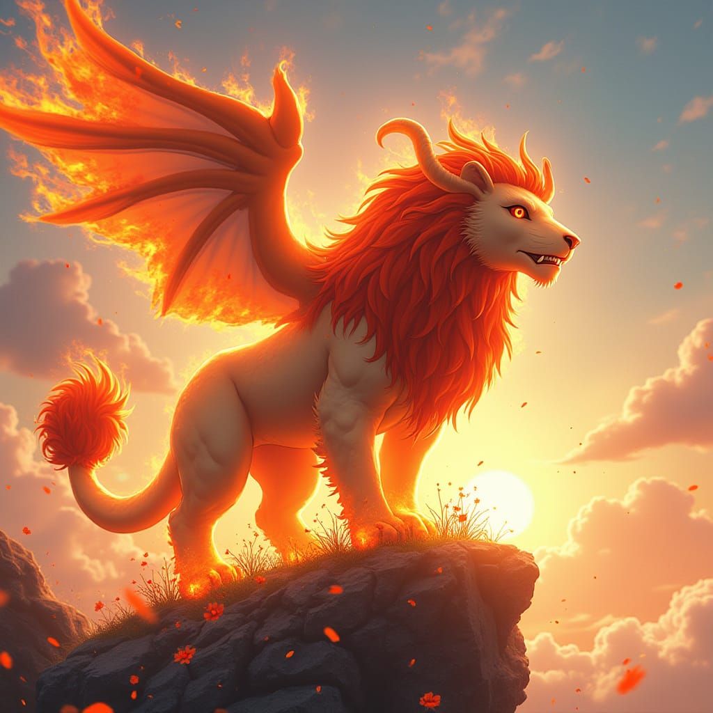 Majestic Lion with Fiery Mane Rises Proudly at Sunset
