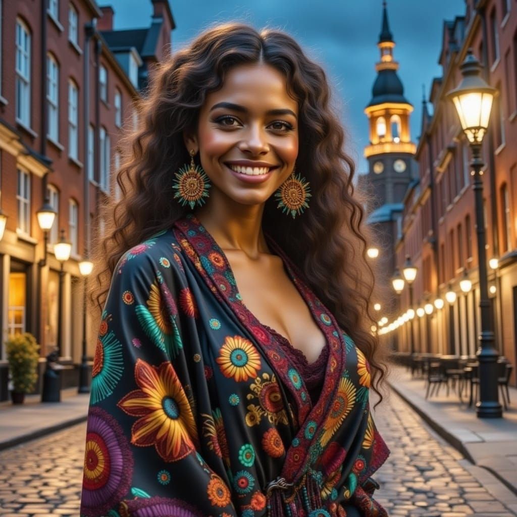 Victorian Era Woman Strolls through a Bustling Off-World Cit...