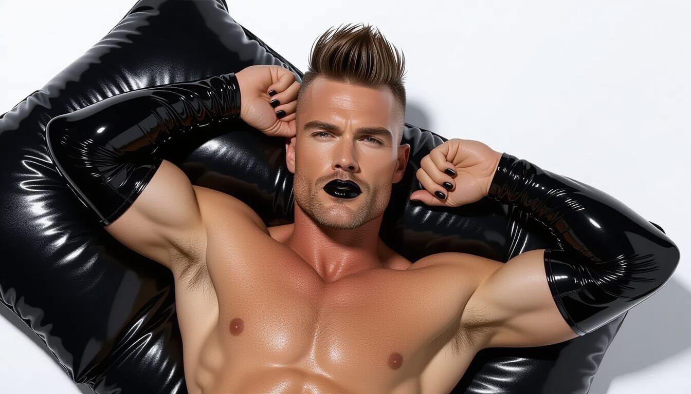 Muscular Man on Latex Bed in Futuristic Style