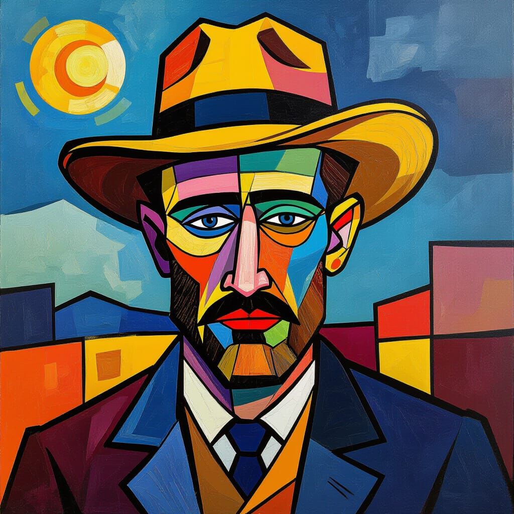 Cubist Geometric Painting in Art Deco Style