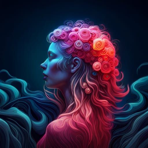 Woman with Neon Flowers: Digital Art Portrait