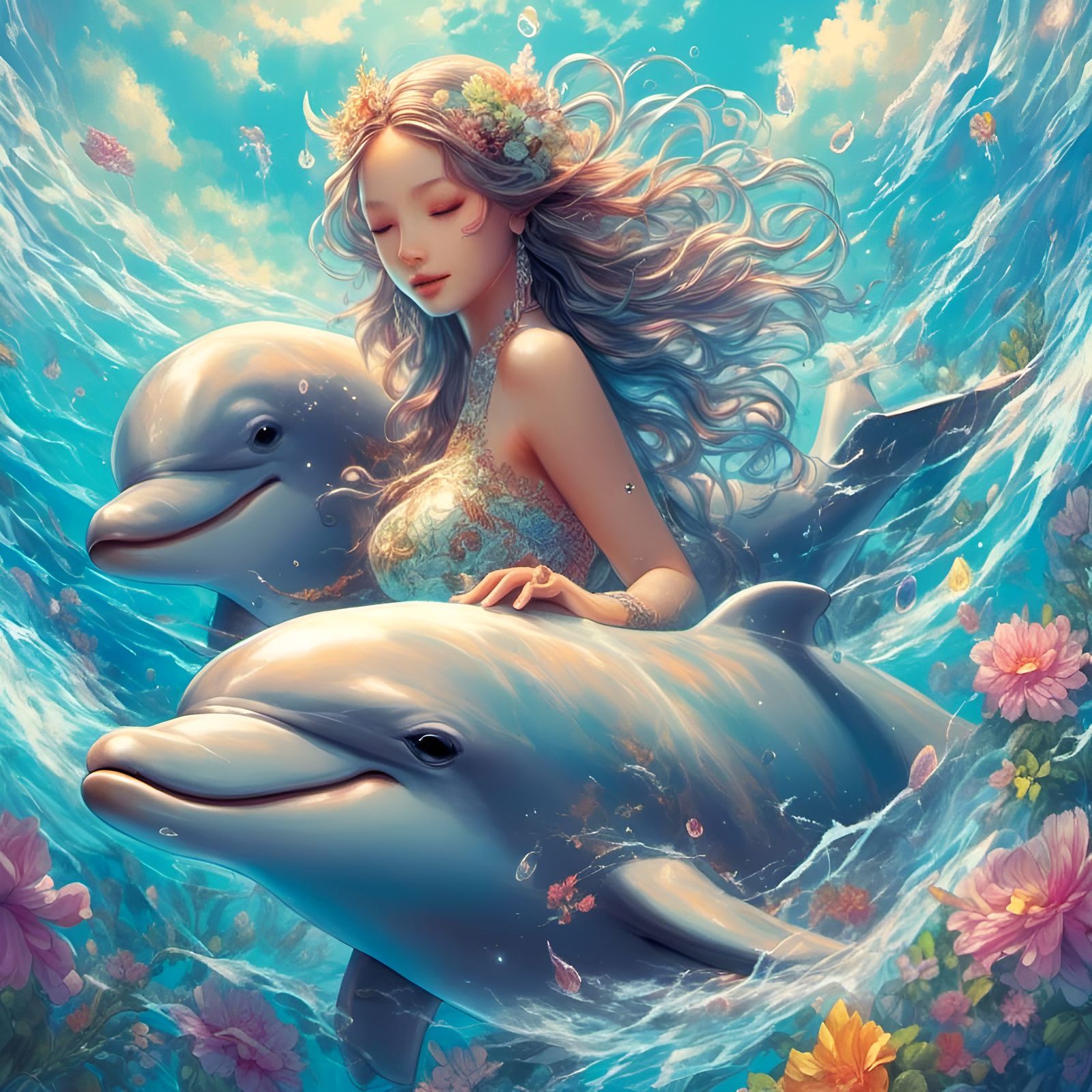 Dolphins Swim in Sunlit Ocean