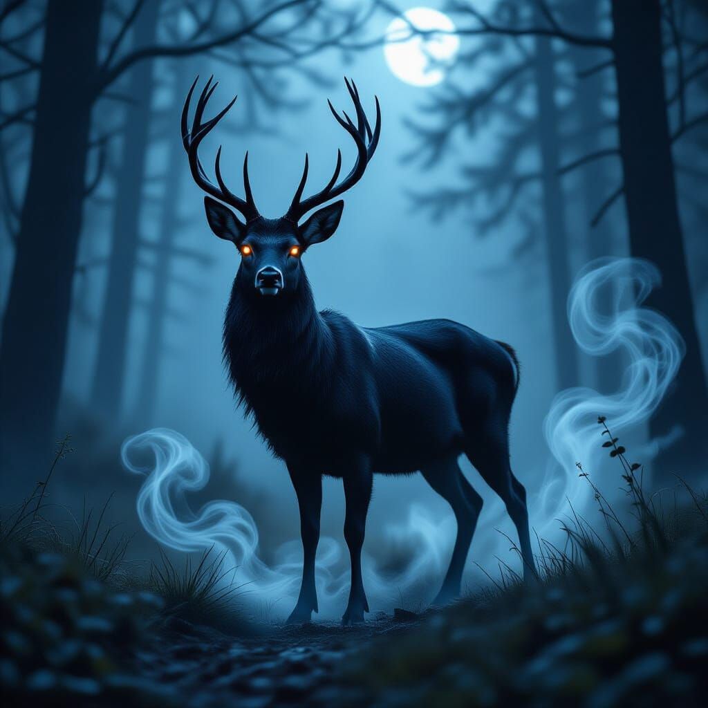 Majestic Black Deer in Moonlit Forest of Mist