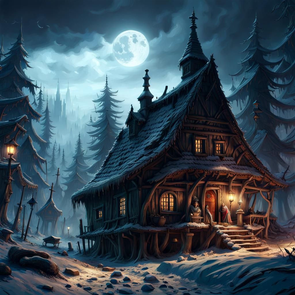 Haunted Village in Ancient Forest: Dramatic Digital Painting