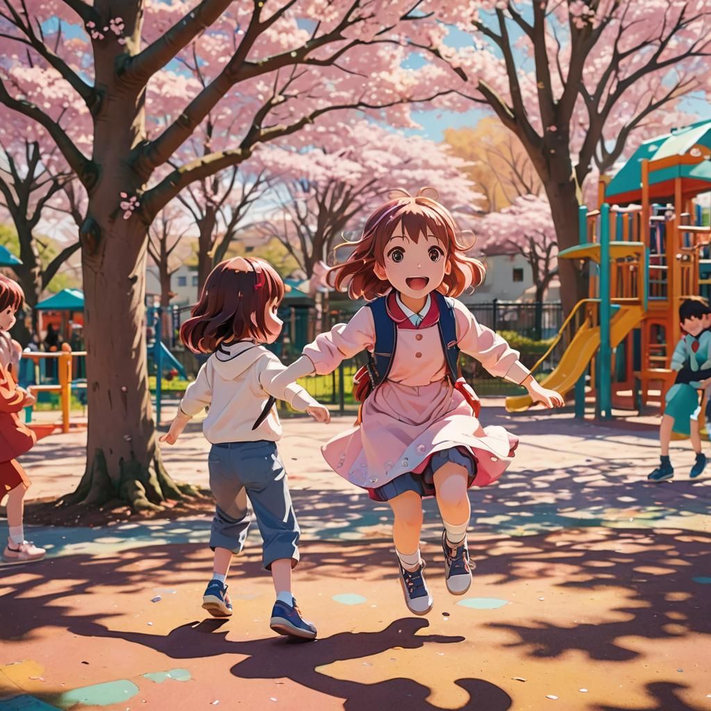 Anime Playground Scene with Cherry Blossoms