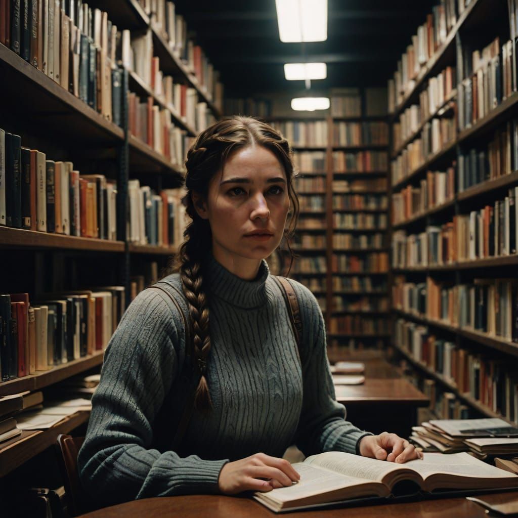 Contemplative University Student in Cozy Library Setting