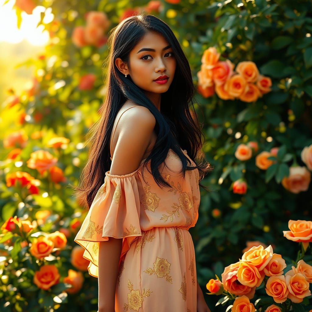 Burmese Woman in Floral Dress in Lush Garden