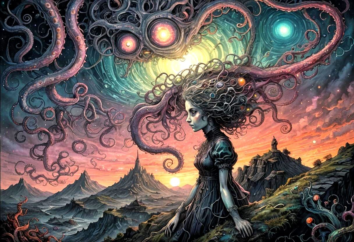 Cosmic Eye: Woman, Hill, and Astral Tentacles