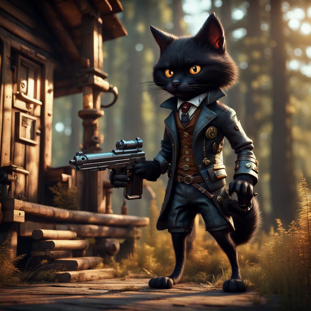 Steampunk Werewolf Cat with Gun in Forest, 3D Render