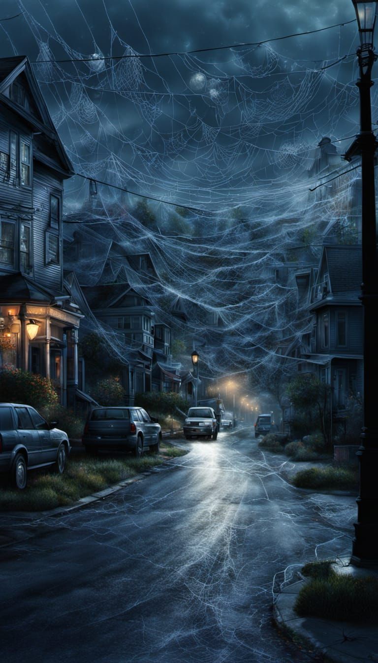Spiderweb-Covered Suburban Street at Night