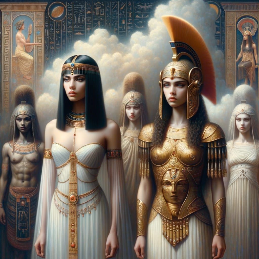 Cleopatra and Athena in Surreal Oil Painting