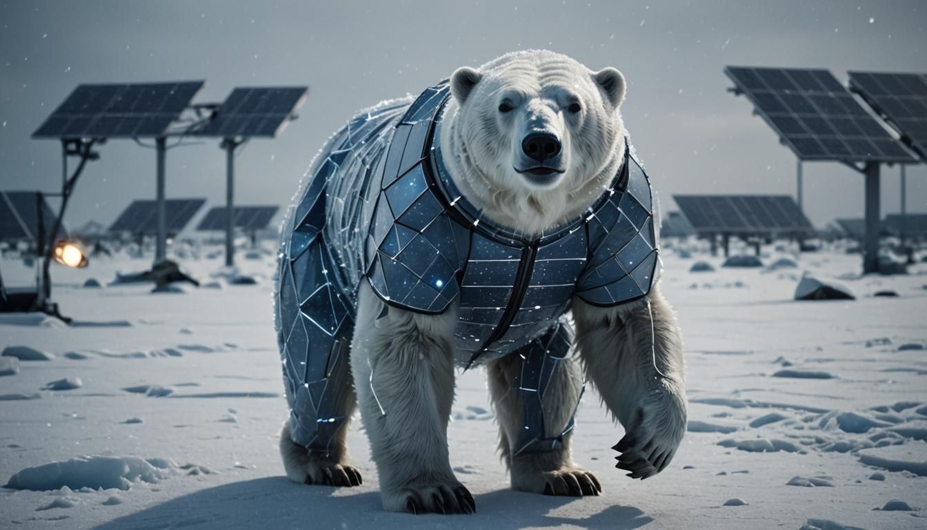 Solar-Panel Polar Bear in Snowstorm, Cinematic Illustration