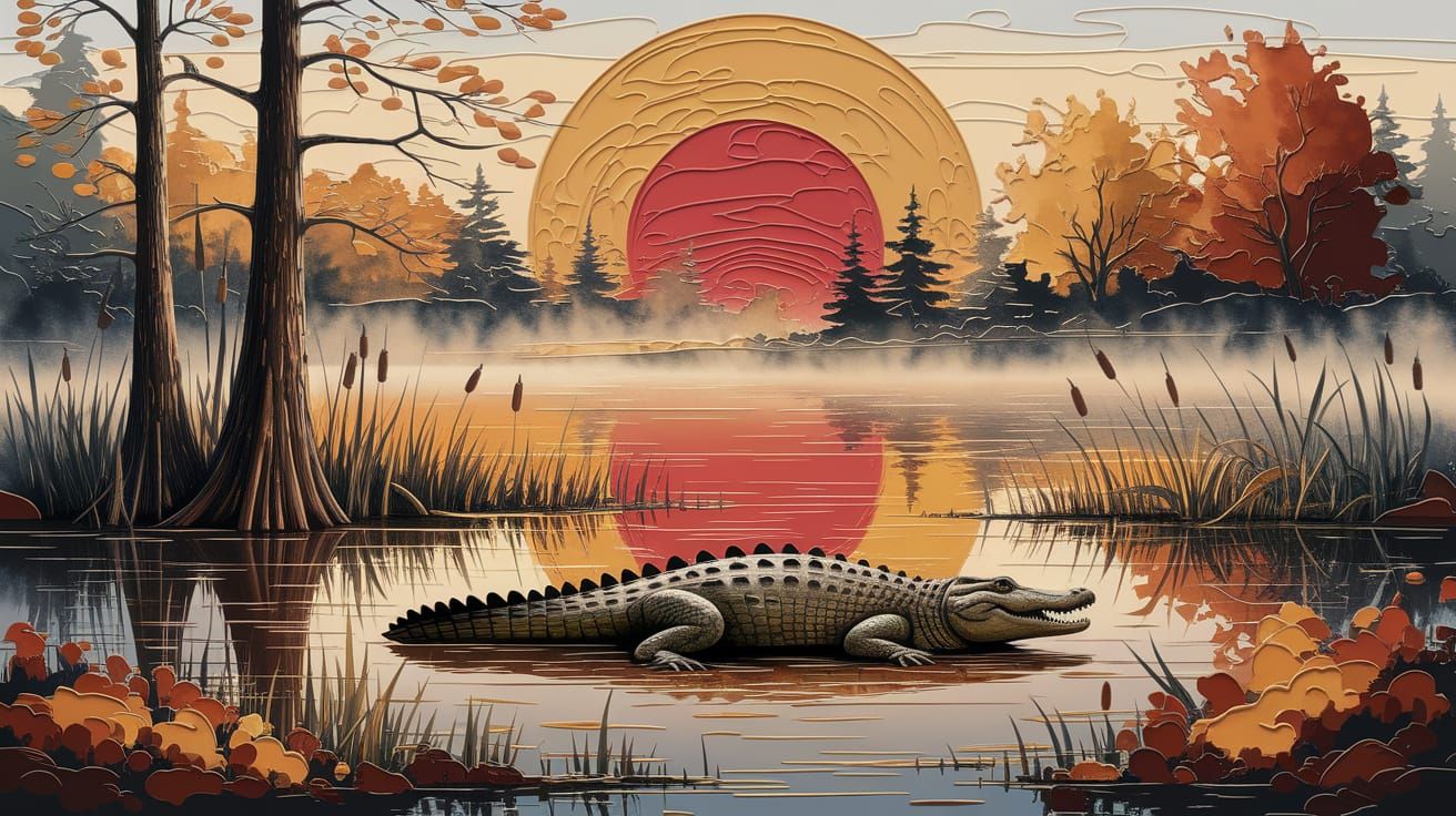 Crocodile in Misty Swamp Sunrise, Embossed Textured Art