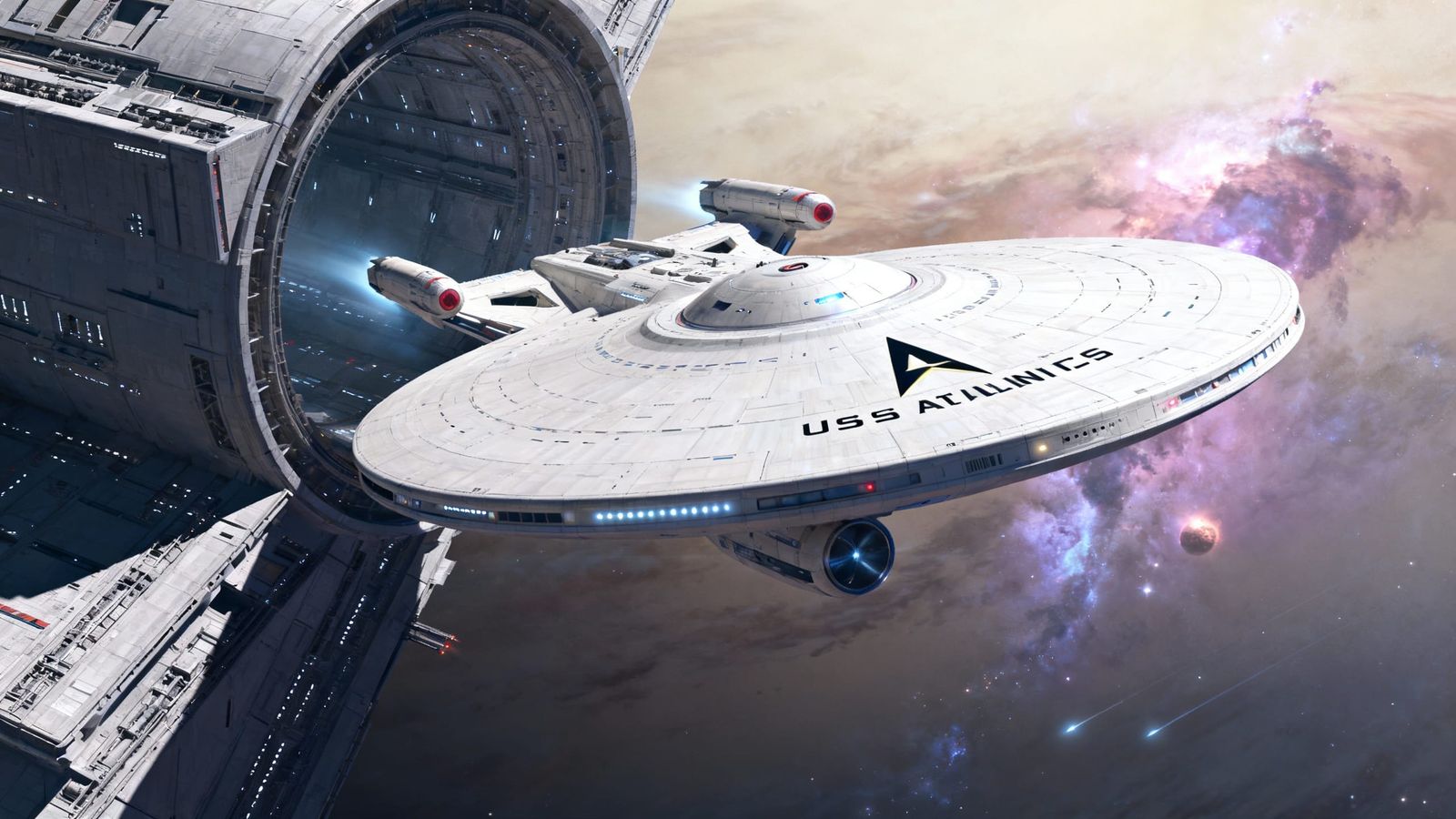 Star Trek USS Atlantis Departs Space Dock in Nebulae Glow