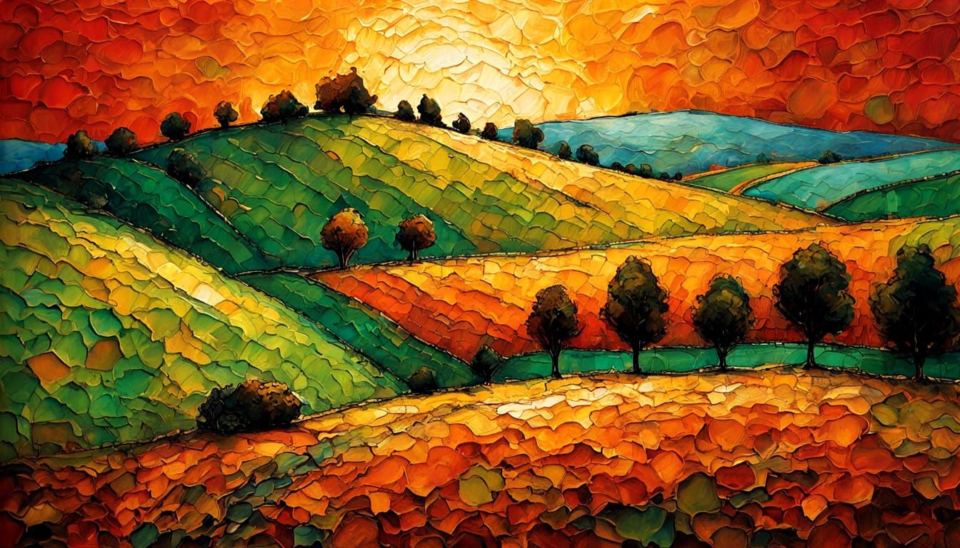 Vibrant Autumn Sunset Over Green Hills