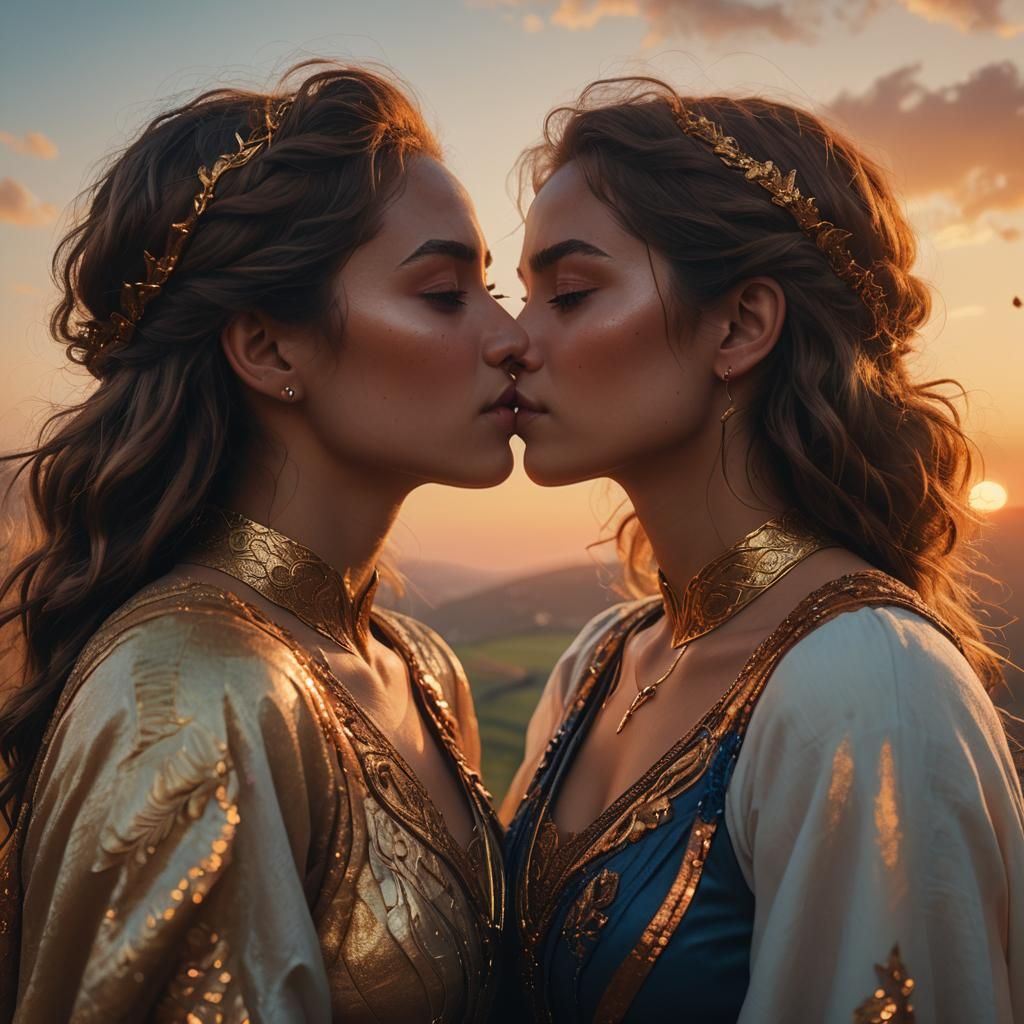 Girls Kiss at Sunset: Romantic Fantasy Art