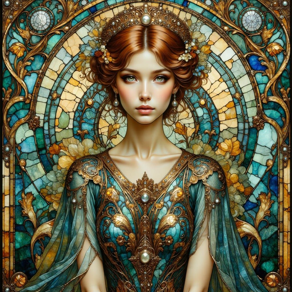 Art Nouveau Woman in Turquoise and Gold Dress