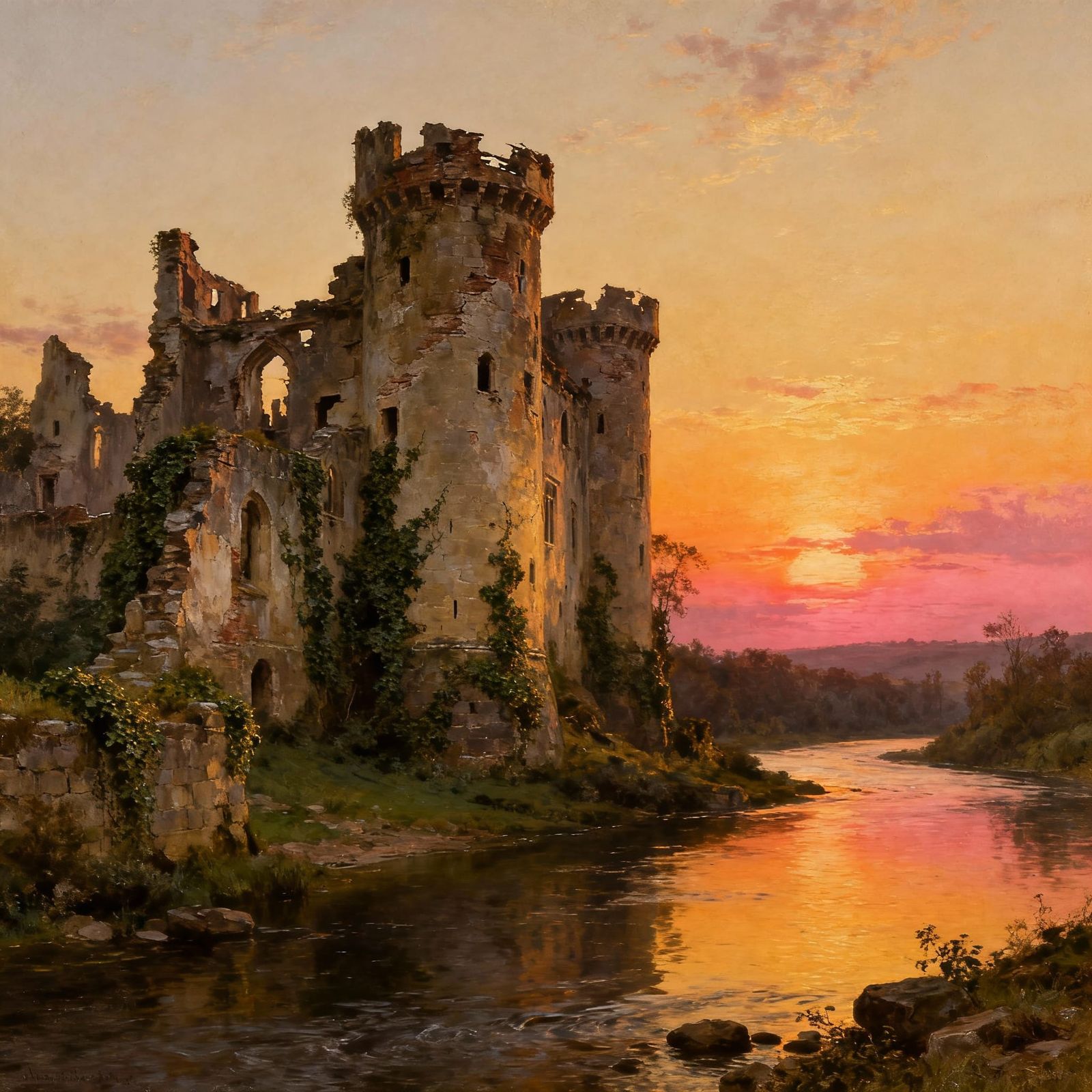 19th Century Oil Painting of Ruined Castle at Sunset