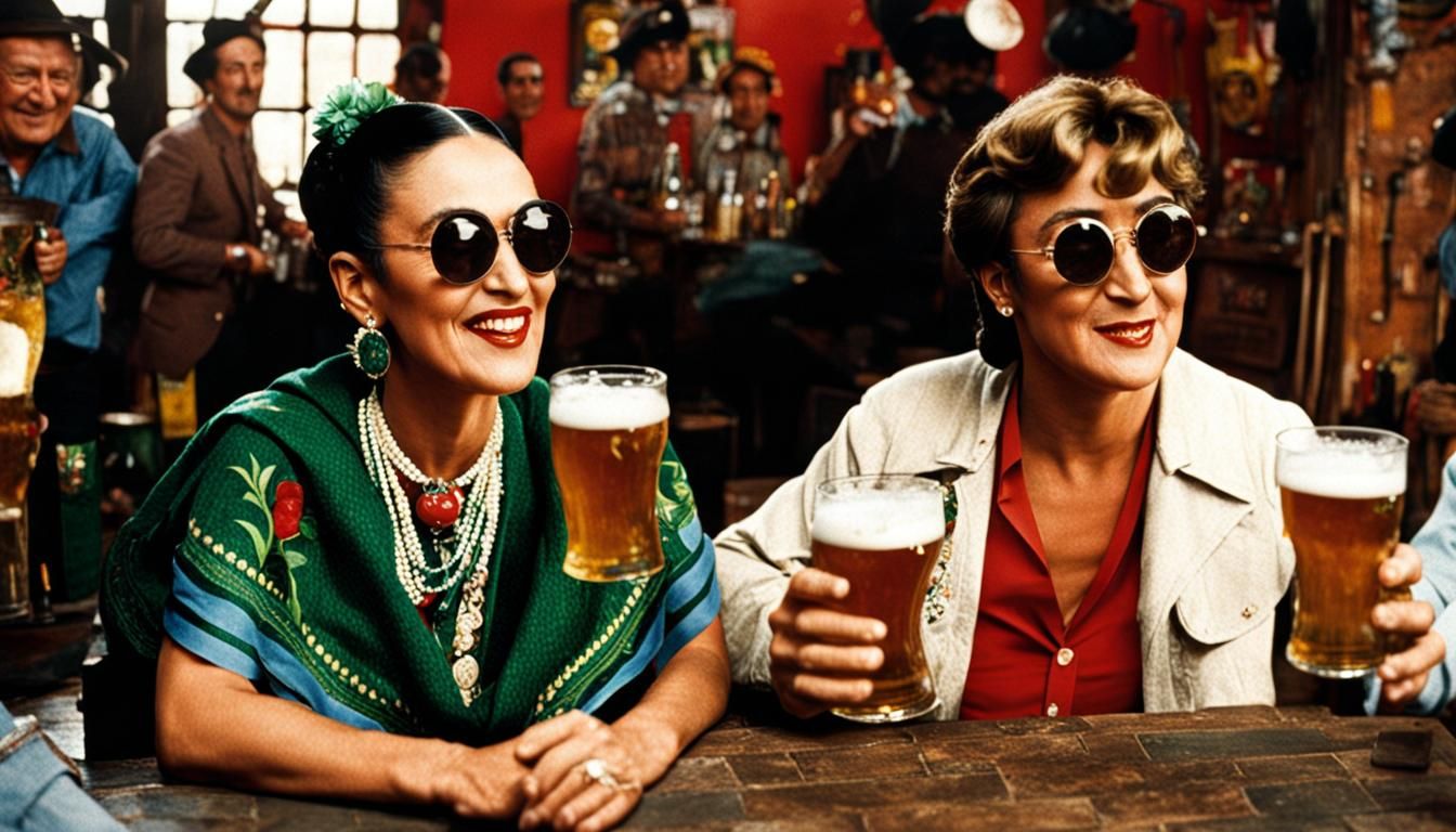 Frida Kahlo and John Lennon drinking beer in a Mexican cantina
