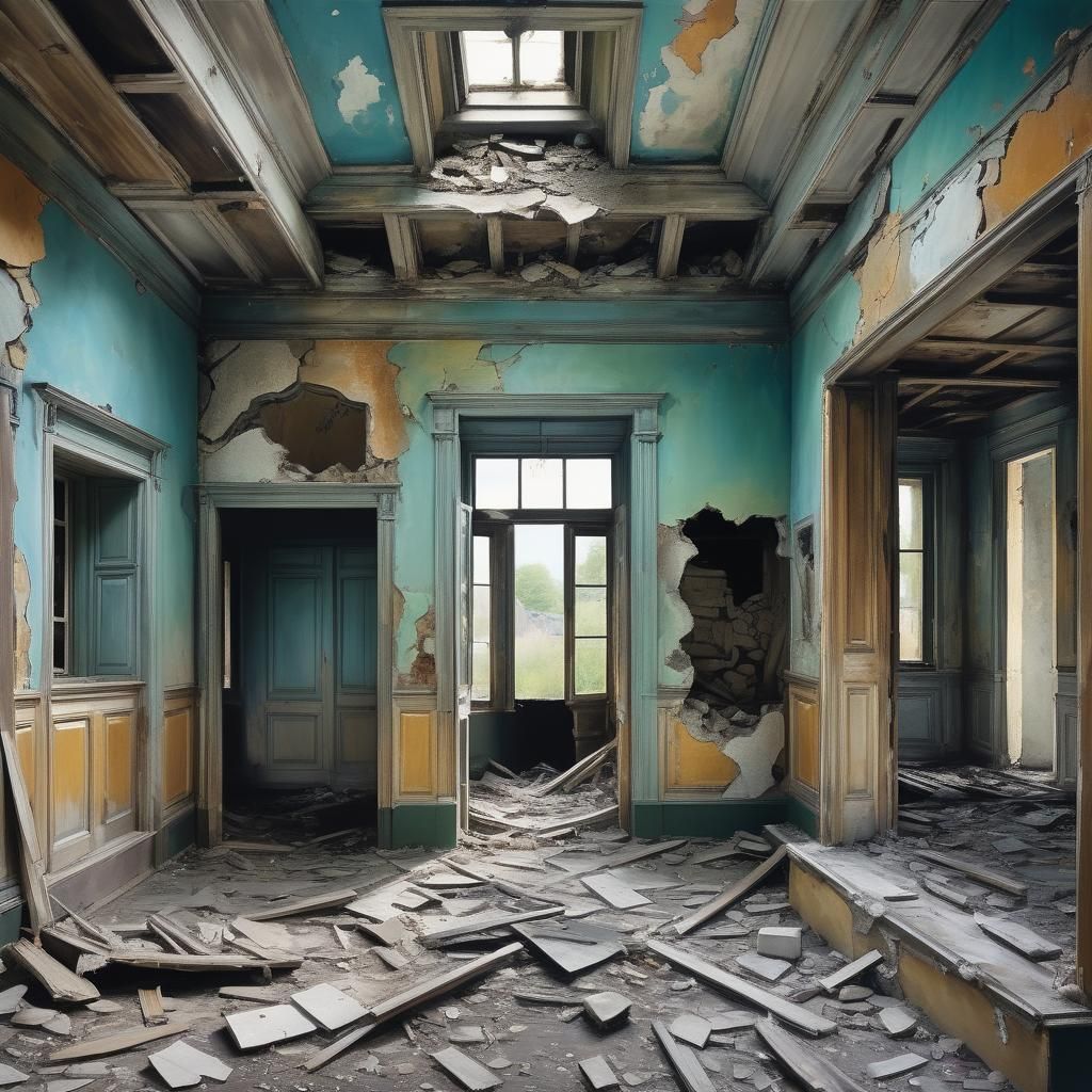 Ethereal Fantasy: Crumbling House Interior in Vivid Colors