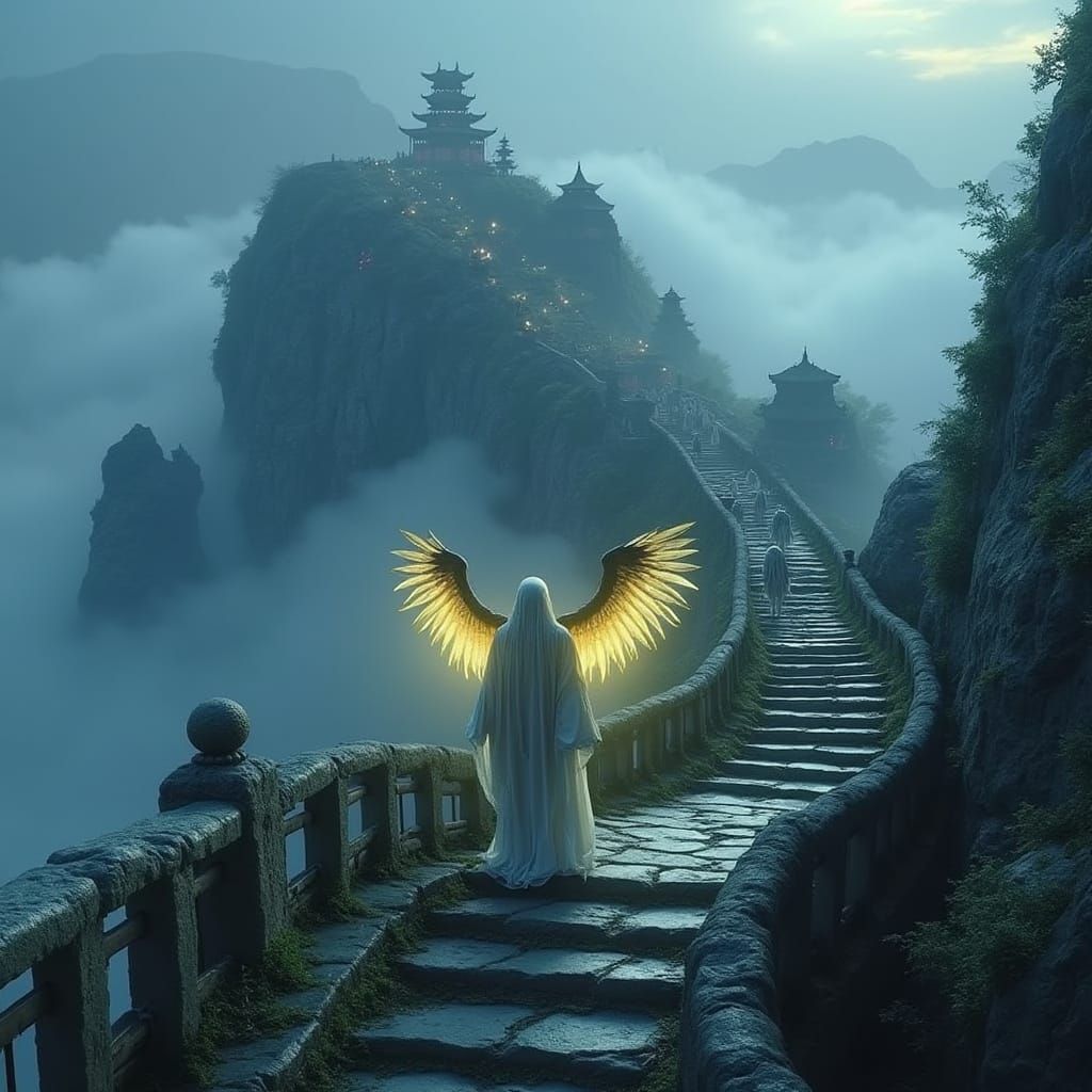 Angelic Figure Climbing Mountain with Ghostly City