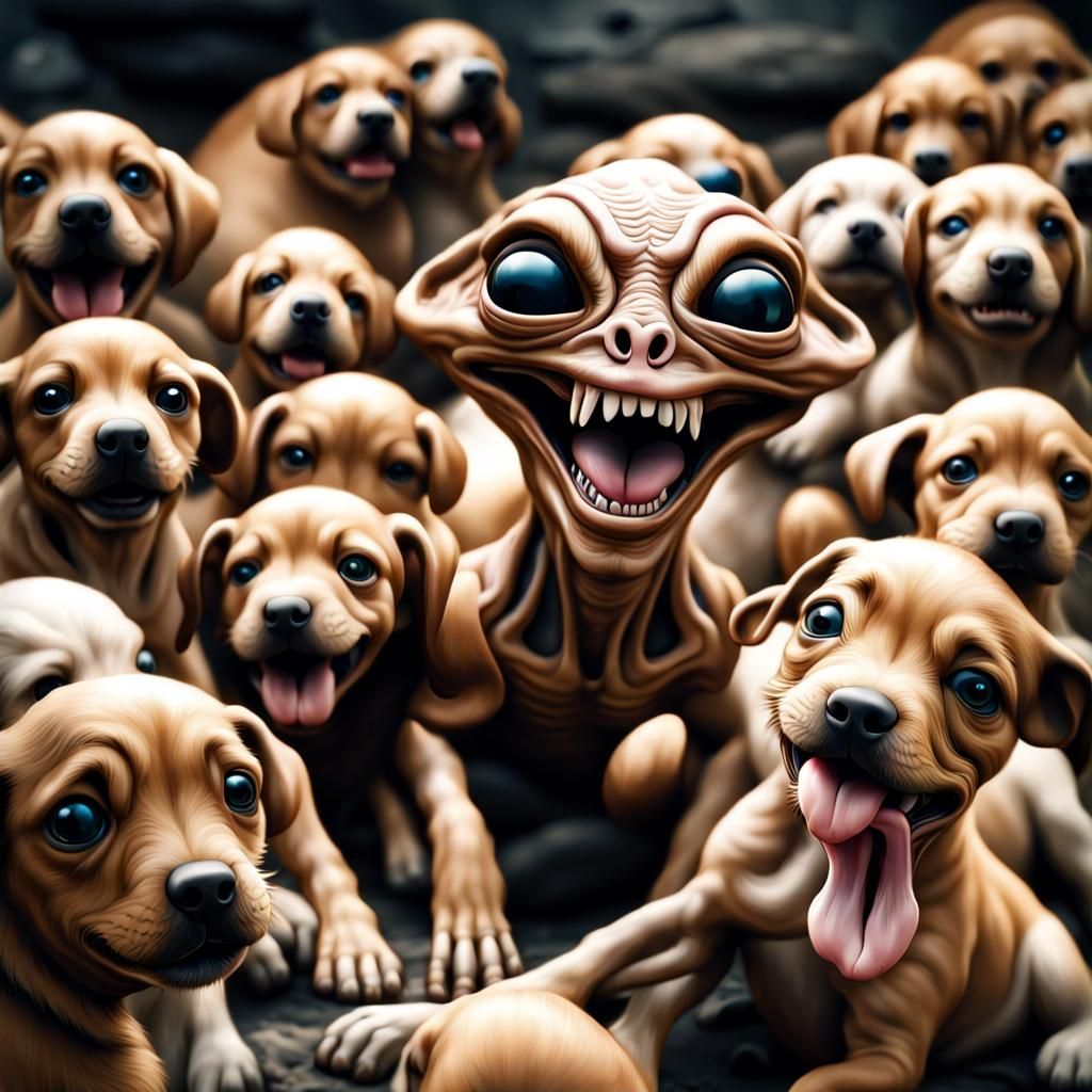 Laughing Roswell Alien with Puppies in High Resolution
