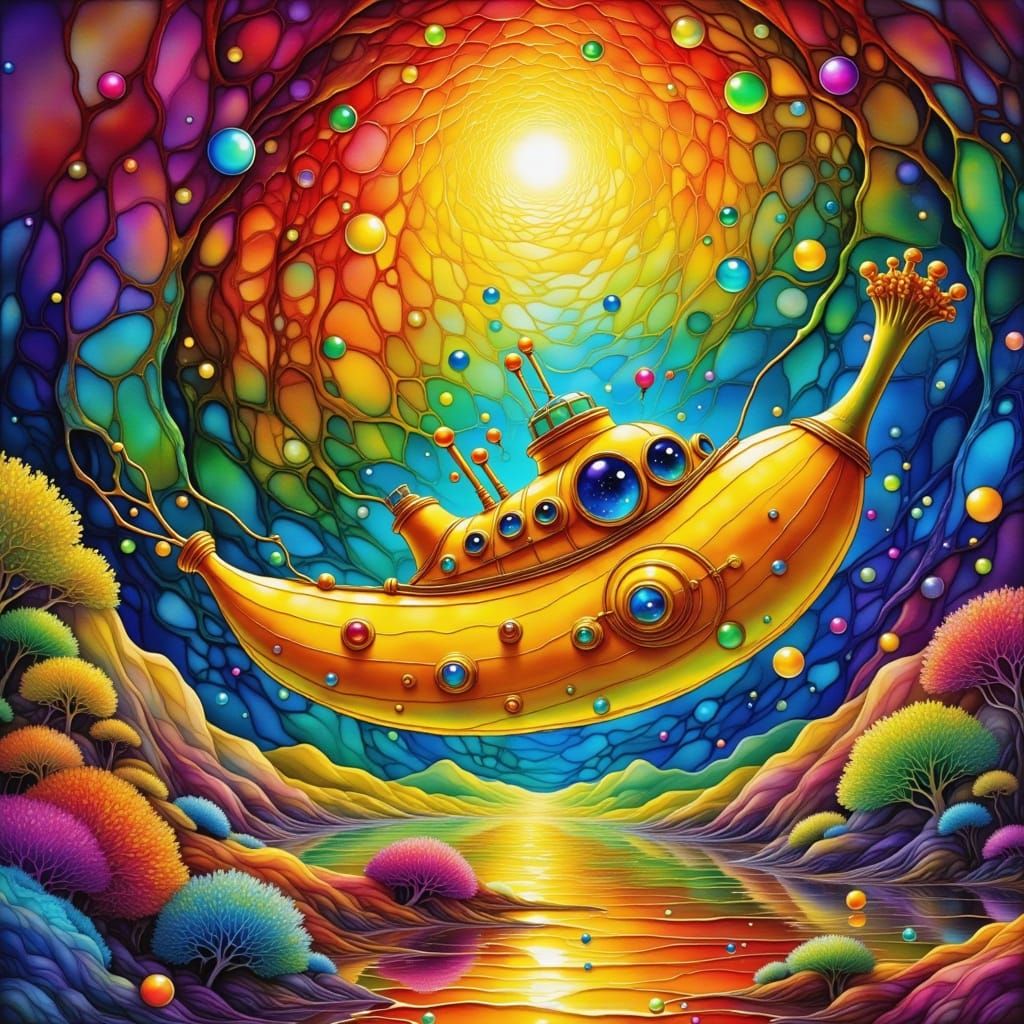 Yellow Submarine in Banana Spaceship with Neon Liquid