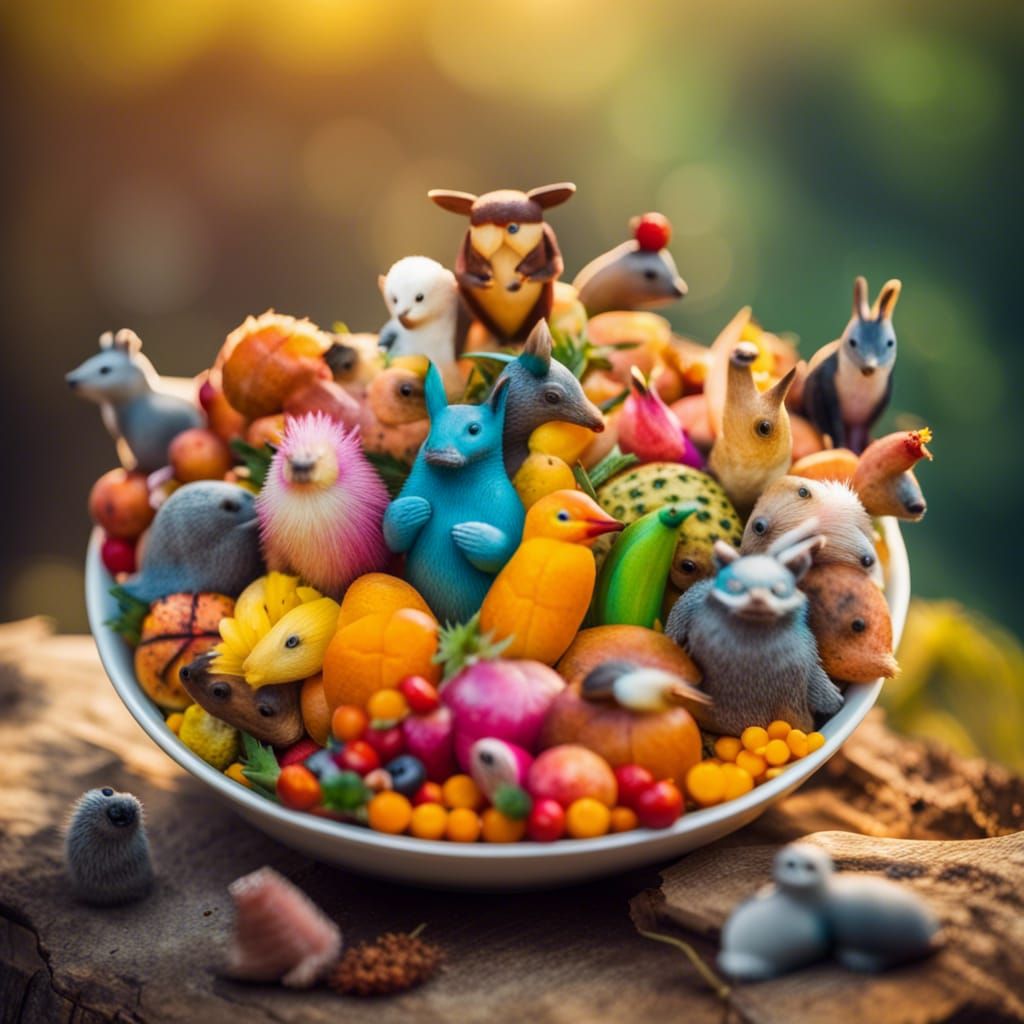Colorful Fruit Animals in Bowl on Hilltop