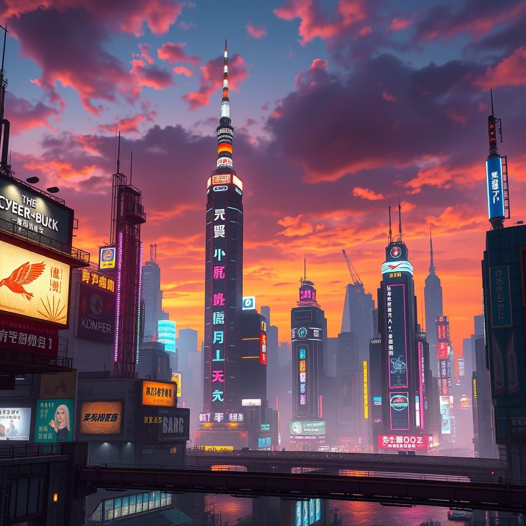 Cyberpunk Tokyo Cityscape at Dusk in Vibrant, Electric Atmos...