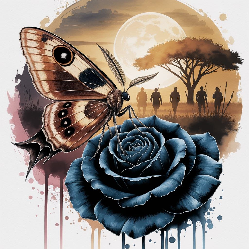 Magnificent Moth on Black Rose Under Moonlight
