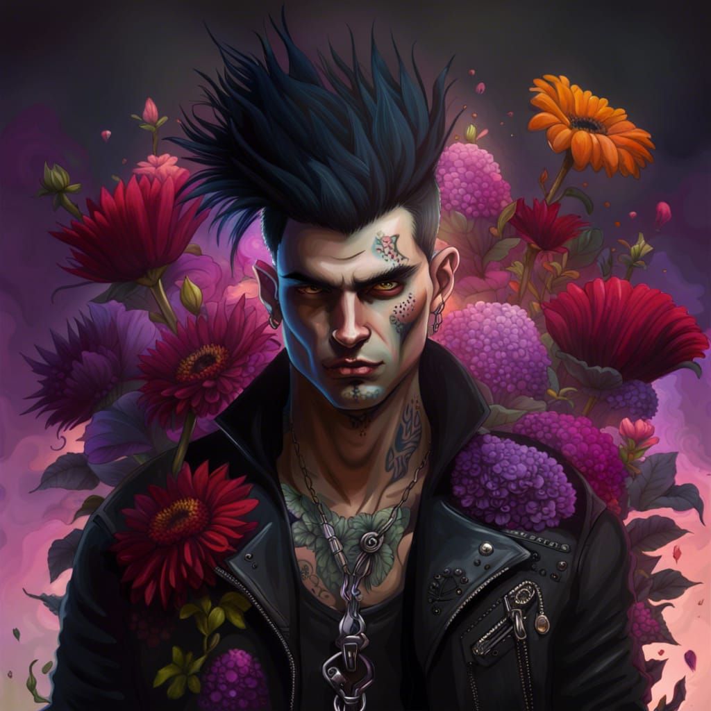Punk Rocker Surrounded by Flowers in Splash Art