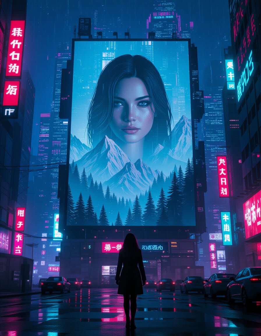 Cyberpunk Metropolis: Holographic Woman in Neon Cityscape