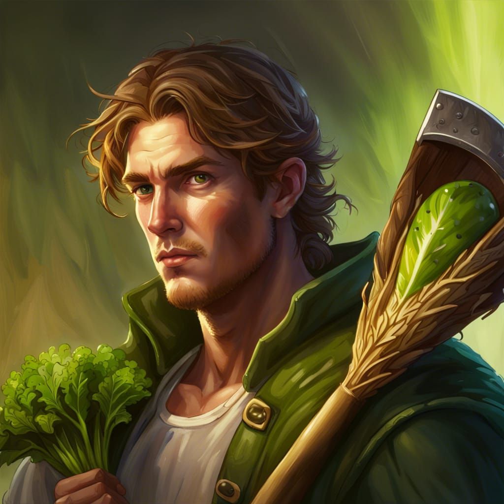 Fantasy Farmer with Vegetable Shield, Hyperrealistic Art