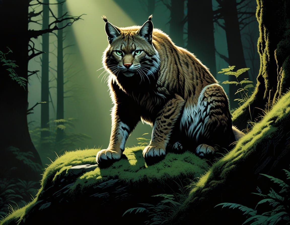Fierce Emerald-Eyed Bobcat in Comic Book Style