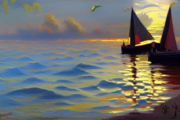 Schooner at Dawn: Neo-Impressionist Oil Painting