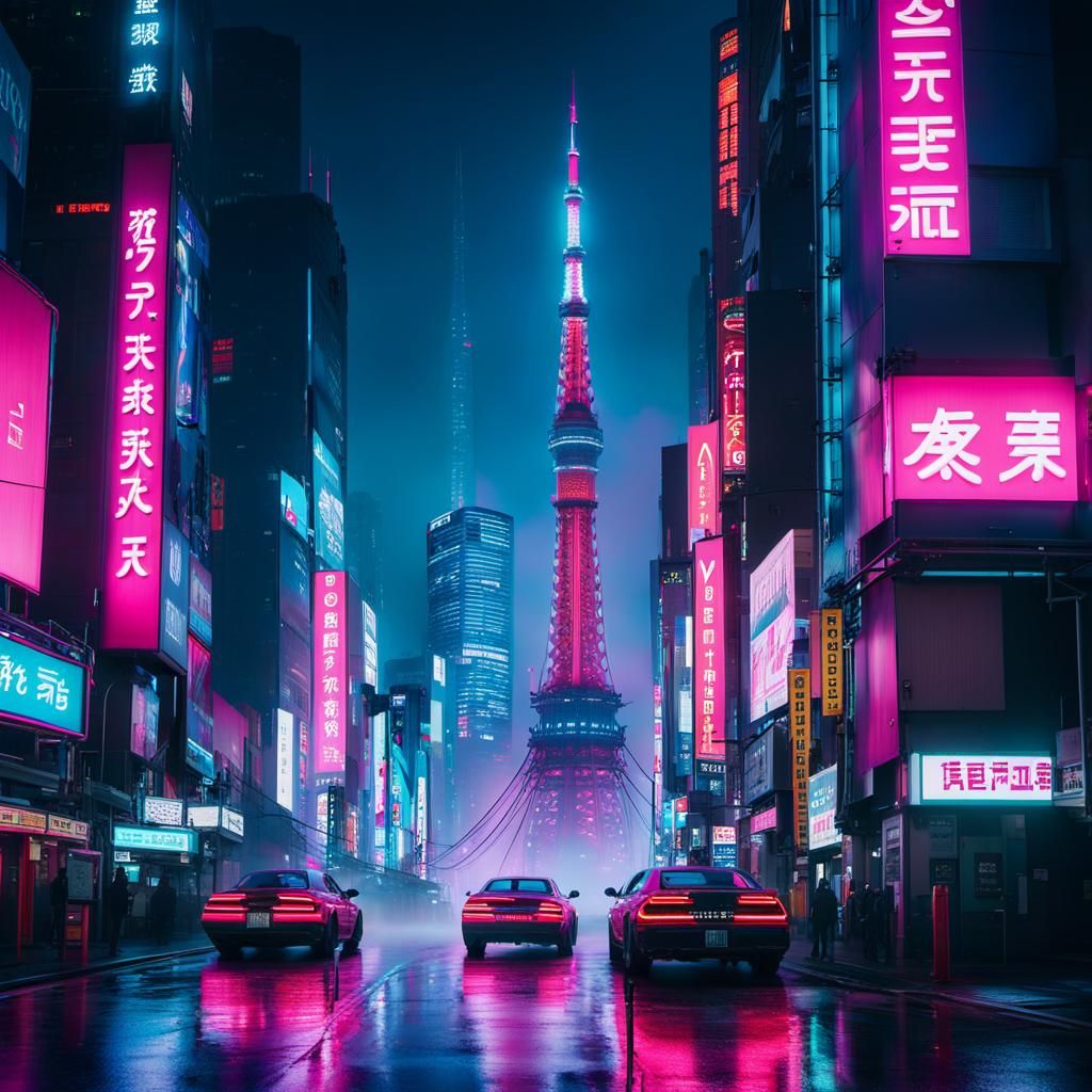 Tokyo Cyberpunk Cityscape at Night in Syd Mead Style
