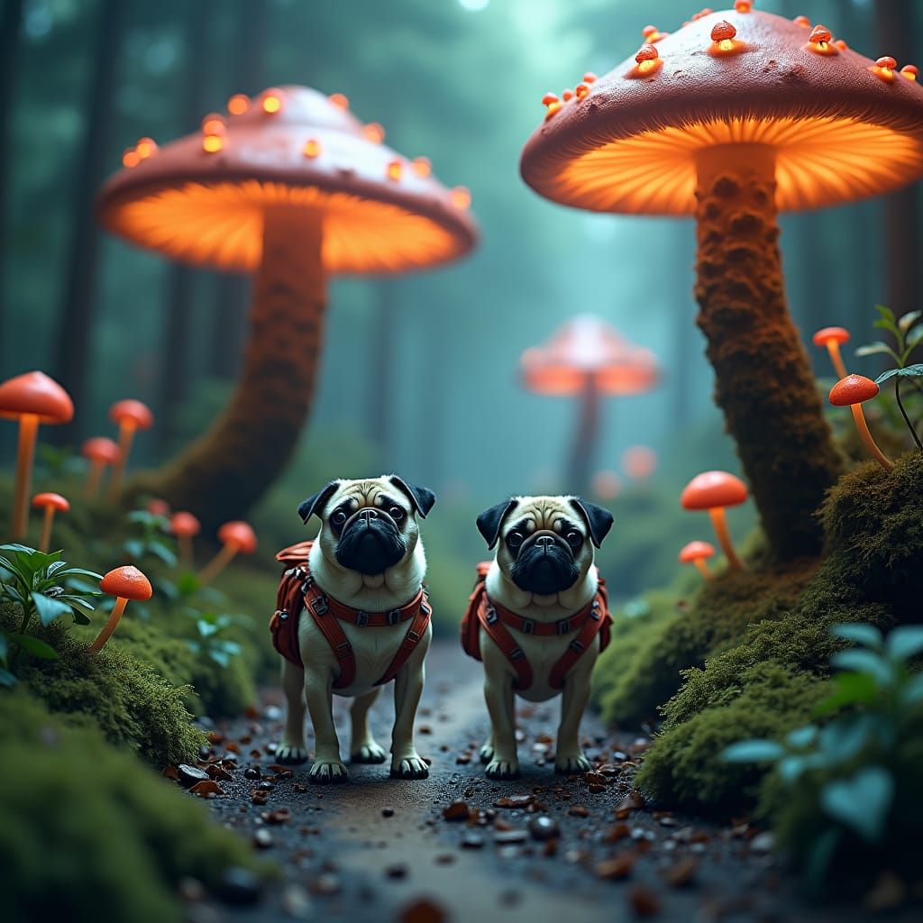 Pugs in Mystical Forest with Mushroom Trees