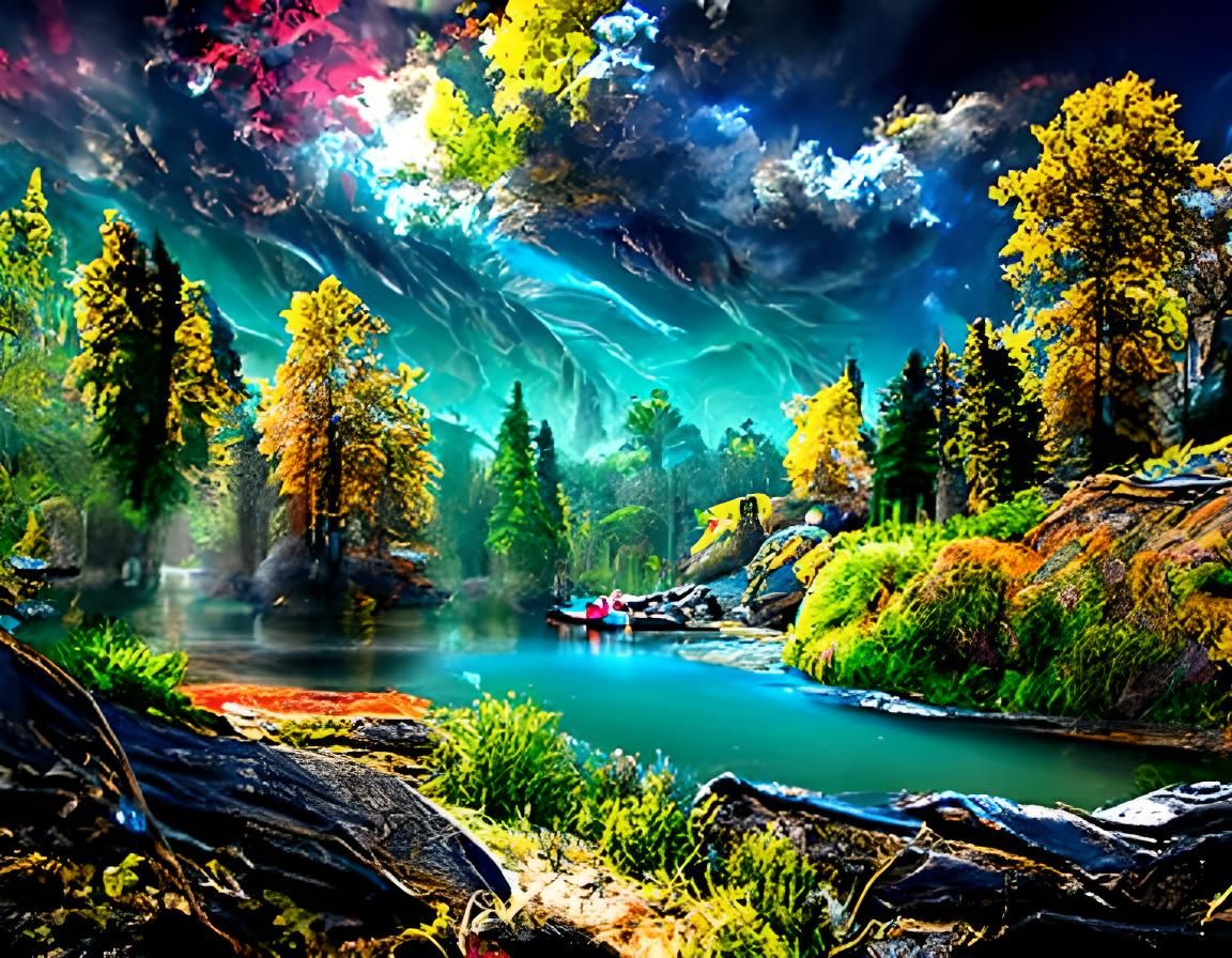 Colorful Whimsical Lake Landscape in Photorealistic Style