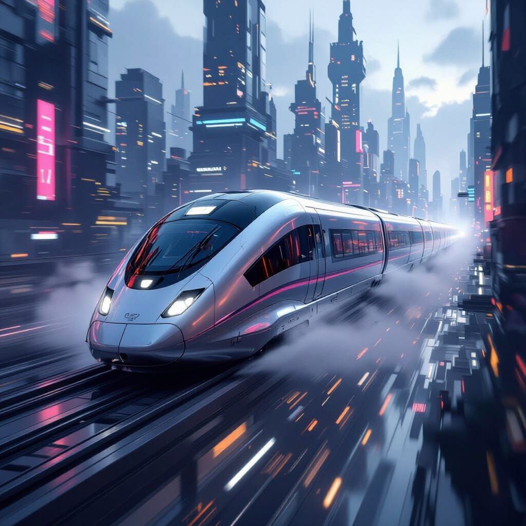Futuristic Flying Train Soars Through Cyberpunk Cityscape