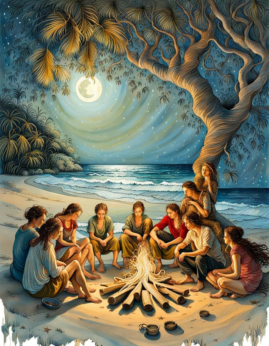 Tropical Beach Campfire Under Moonlight