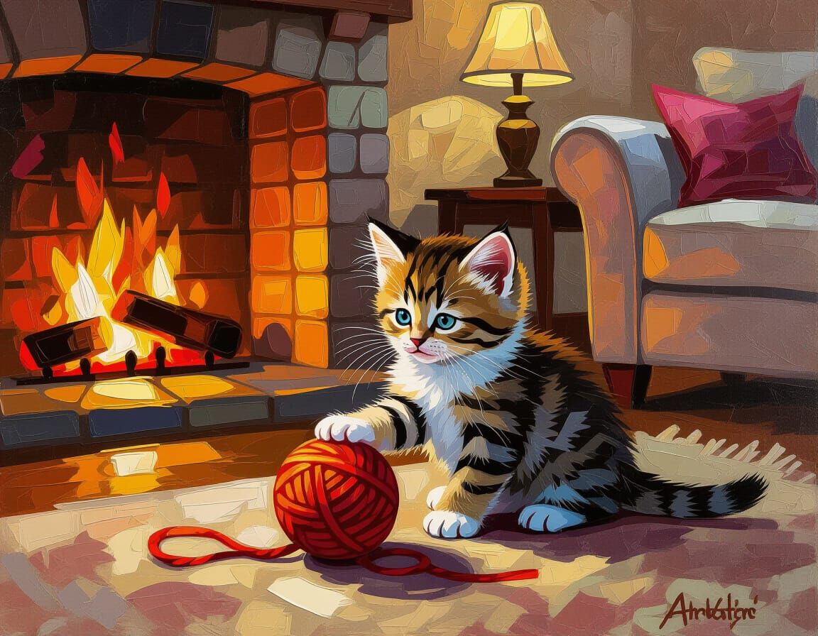 Kitten Playing with Yarn in Cozy Room: Bold Impasto Style